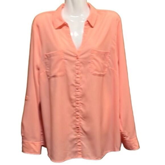 Talbots womens shirt XL peach button front chest pockets roll tab long sleeves - Picture 1 of 10